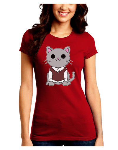 Cute Sweater Vest Cat Design Juniors Crew Dark T-Shirt by TooLoud-T-Shirts Juniors Tops-TooLoud-Red-Juniors Fitted Small-Davson Sales