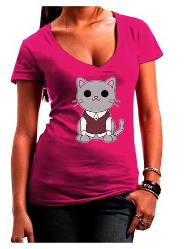 Cute Sweater Vest Cat Design Juniors V-Neck Dark T-Shirt by TooLoud-Womens V-Neck T-Shirts-TooLoud-Hot-Pink-Juniors Fitted Small-Davson Sales