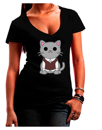 Cute Sweater Vest Cat Design Juniors V-Neck Dark T-Shirt by TooLoud-Womens V-Neck T-Shirts-TooLoud-Black-Juniors Fitted Small-Davson Sales