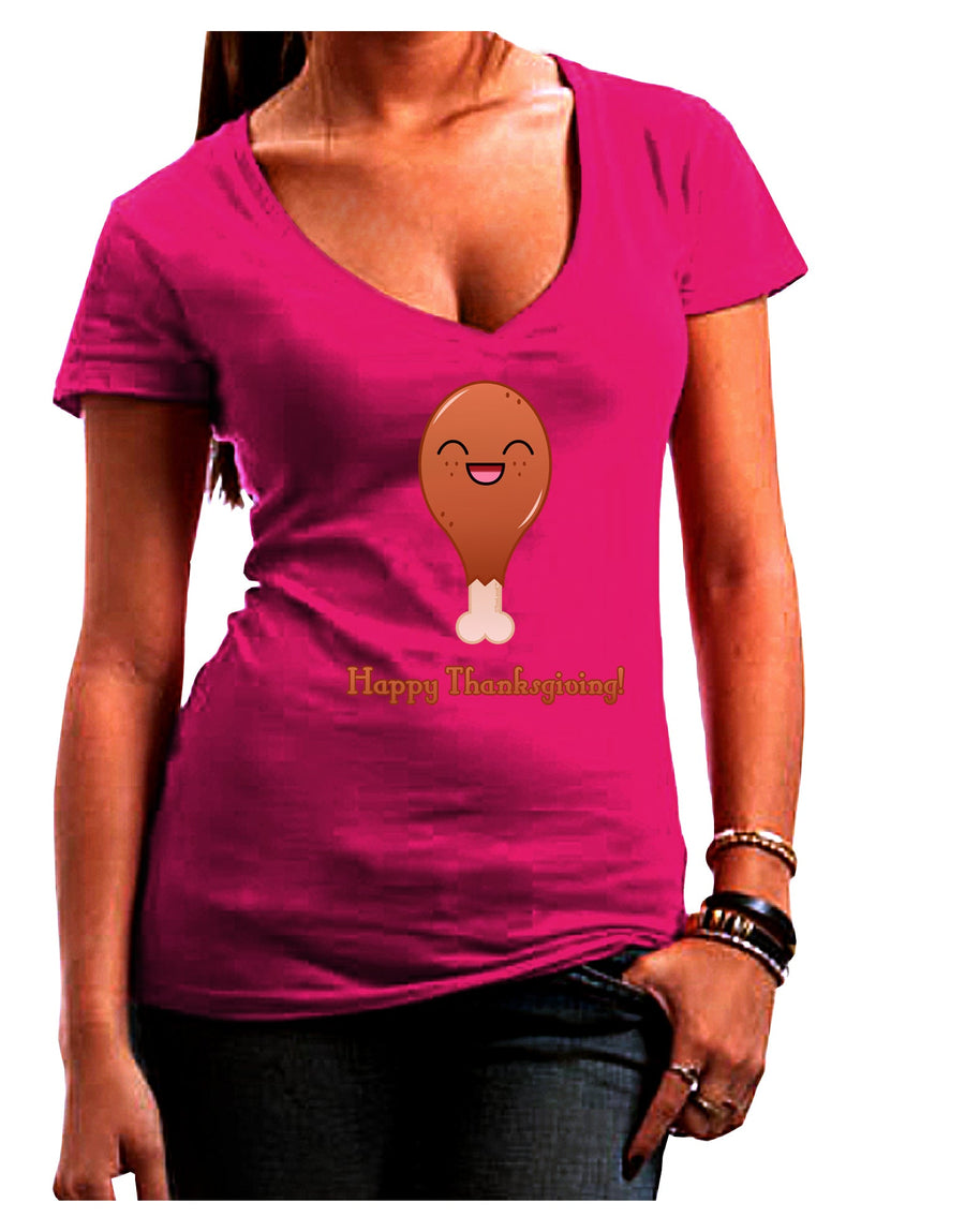 Cute Turkey Leg - Happy Thanksgiving Juniors V-Neck Dark T-Shirt-Womens V-Neck T-Shirts-TooLoud-Black-Juniors Fitted Small-Davson Sales