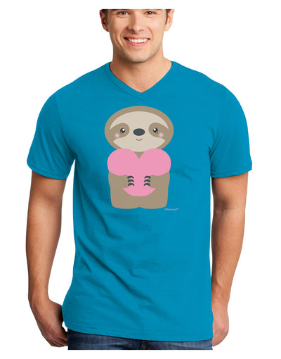 Cute Valentine Sloth Holding Heart Adult Dark V-Neck T-Shirt by TooLoud-Mens V-Neck T-Shirt-TooLoud-Turquoise-Small-Davson Sales