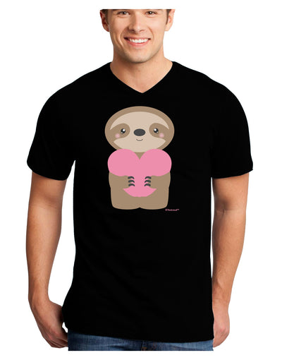 Cute Valentine Sloth Holding Heart Adult Dark V-Neck T-Shirt by TooLoud-Mens V-Neck T-Shirt-TooLoud-Black-Small-Davson Sales