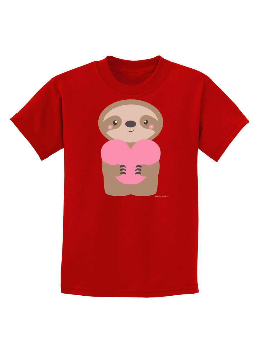 Cute Valentine Sloth Holding Heart Childrens Dark T-Shirt by TooLoud
