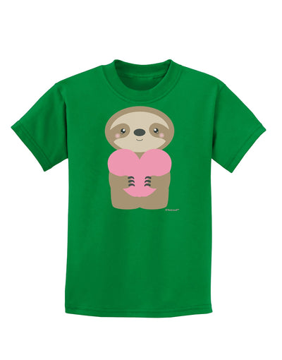 Cute Valentine Sloth Holding Heart Childrens Dark T-Shirt by TooLoud-Childrens T-Shirt-TooLoud-Kelly-Green-X-Small-Davson Sales