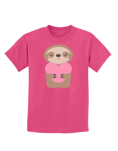 Cute Valentine Sloth Holding Heart Childrens Dark T-Shirt by TooLoud-Childrens T-Shirt-TooLoud-Sangria-X-Small-Davson Sales