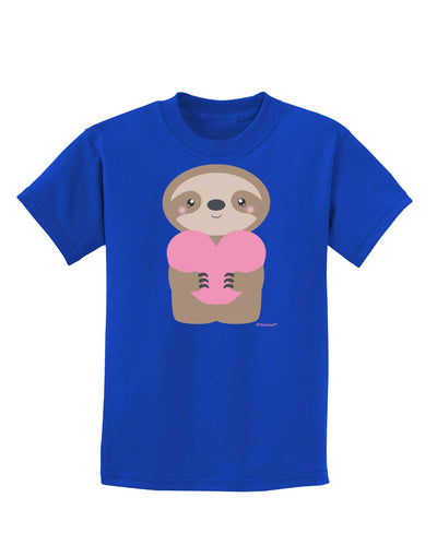 Cute Valentine Sloth Holding Heart Childrens Dark T-Shirt by TooLoud-Childrens T-Shirt-TooLoud-Royal-Blue-X-Small-Davson Sales