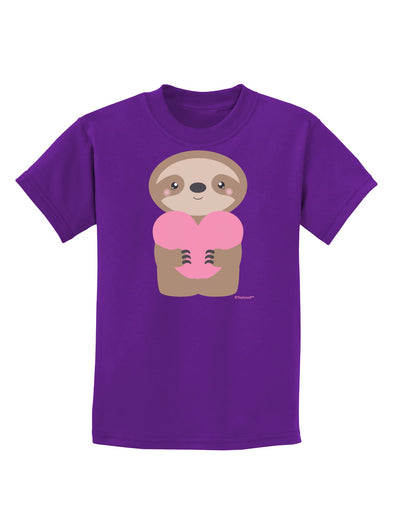 Cute Valentine Sloth Holding Heart Childrens Dark T-Shirt by TooLoud-Childrens T-Shirt-TooLoud-Purple-X-Small-Davson Sales
