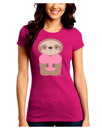 Cute Valentine Sloth Holding Heart Juniors Crew Dark T-Shirt by TooLoud-T-Shirts Juniors Tops-TooLoud-Hot-Pink-Juniors Fitted Small-Davson Sales