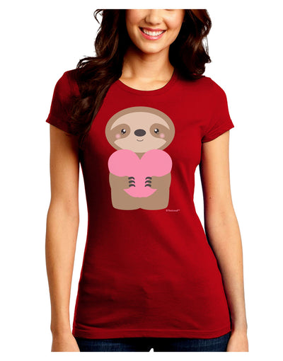 Cute Valentine Sloth Holding Heart Juniors Crew Dark T-Shirt by TooLoud-T-Shirts Juniors Tops-TooLoud-Red-Juniors Fitted Small-Davson Sales