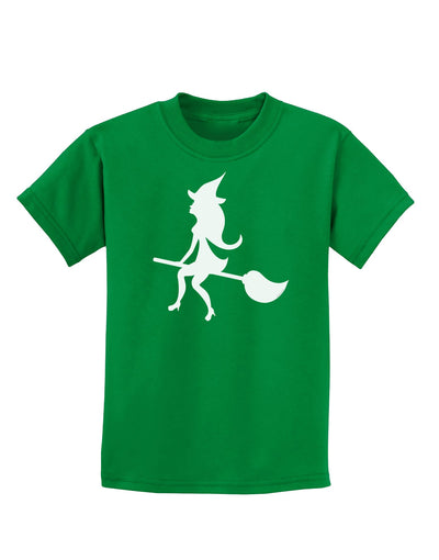 Cute Witch on Broom Silhouette Halloween Childrens Dark T-Shirt-Childrens T-Shirt-TooLoud-Kelly-Green-X-Small-Davson Sales