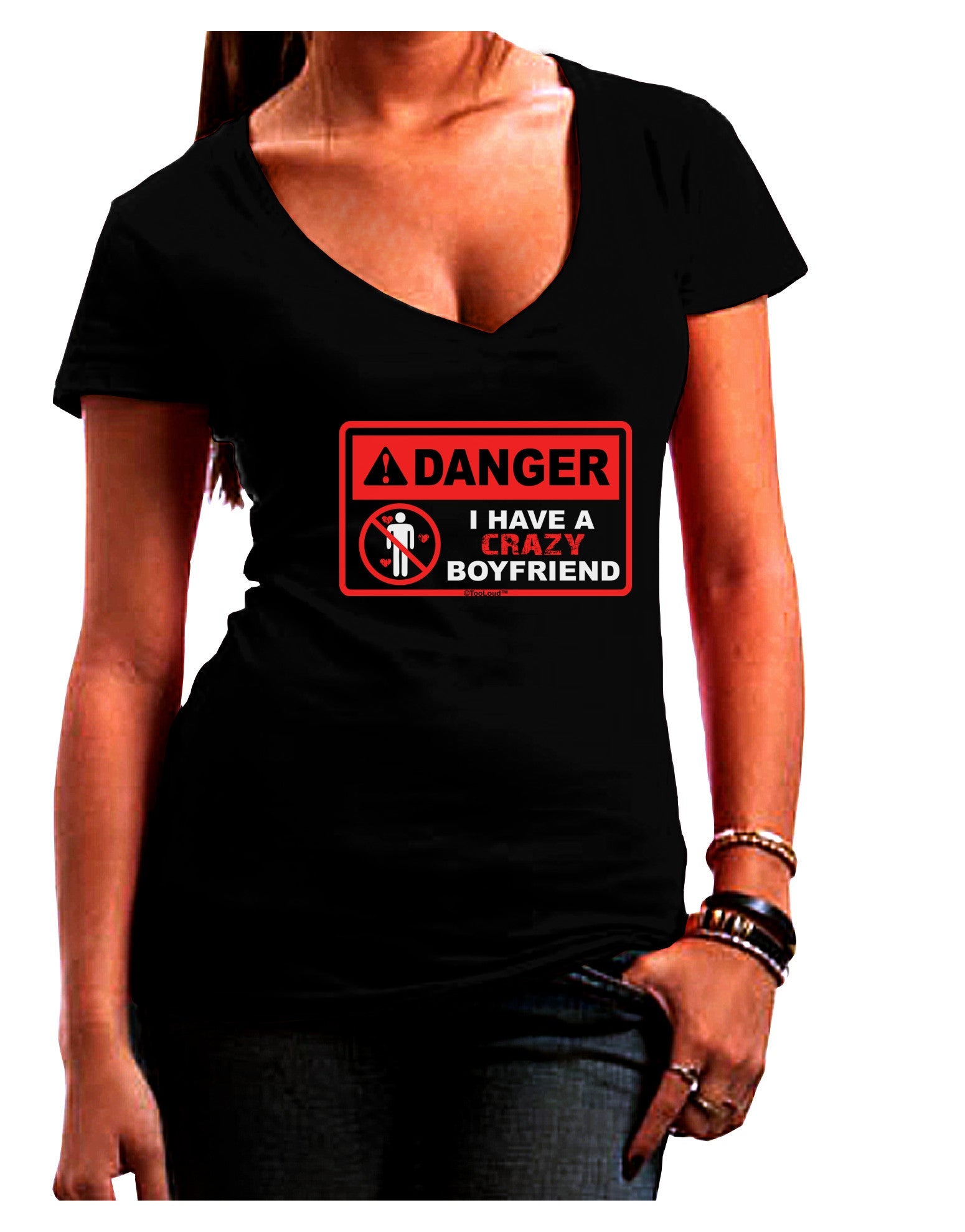 Danger - Crazy Boyfriend Womens V-Neck Dark T-Shirt-Womens V-Neck T-Shirts-TooLoud-Black-Juniors Fitted Small-Davson Sales