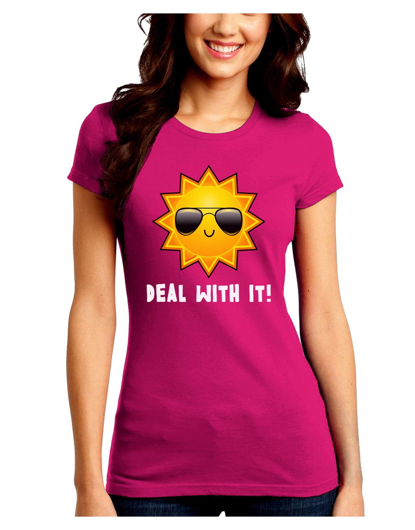 Deal With It Cute Sun Juniors Petite Crew Dark T-Shirt-T-Shirts Juniors Tops-TooLoud-Hot-Pink-Juniors Fitted Small-Davson Sales