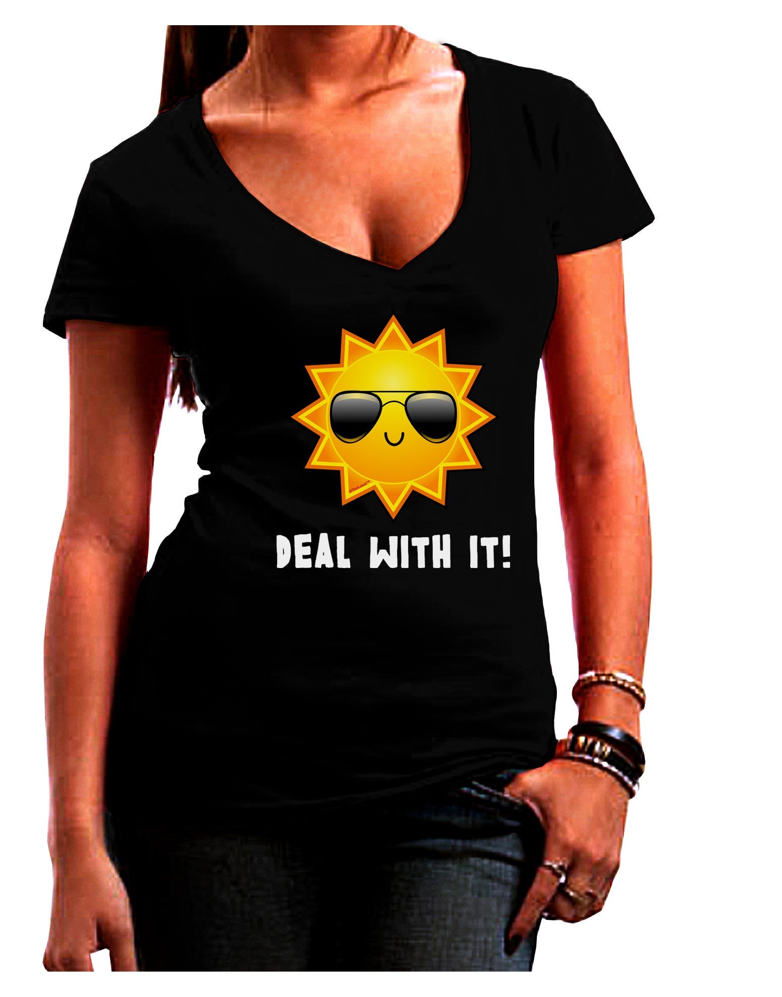 Deal With It Cute Sun Womens V-Neck Dark T-Shirt-Womens V-Neck T-Shirts-TooLoud-Black-Juniors Fitted Small-Davson Sales