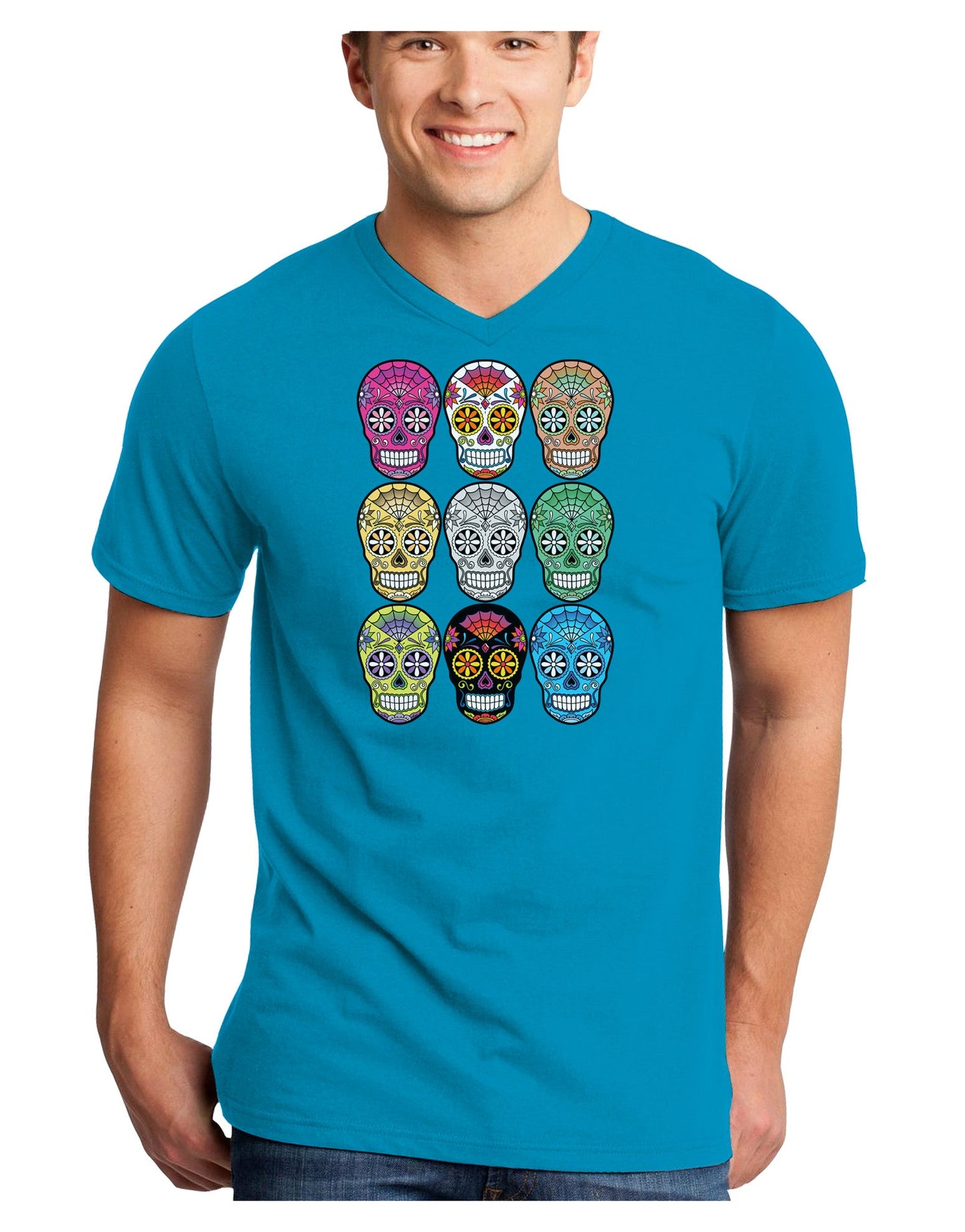 Dia de los Muertos Calaveras Sugar Skulls Adult Dark V-Neck T-Shirt-TooLoud-Turquoise-Small-Davson Sales