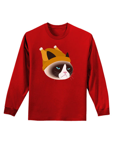 Disgruntled Cat Wearing Turkey Hat Adult Long Sleeve Dark T-Shirt-TooLoud-Red-Small-Davson Sales