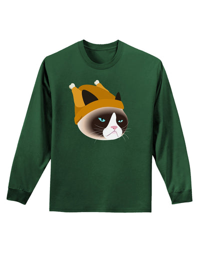 Disgruntled Cat Wearing Turkey Hat Adult Long Sleeve Dark T-Shirt-TooLoud-Dark-Green-Small-Davson Sales