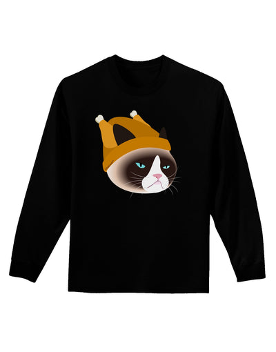 Disgruntled Cat Wearing Turkey Hat Adult Long Sleeve Dark T-Shirt-TooLoud-Black-Small-Davson Sales