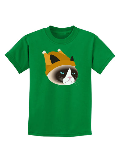 Disgruntled Cat Wearing Turkey Hat Childrens Dark T-Shirt-Childrens T-Shirt-TooLoud-Kelly-Green-X-Small-Davson Sales