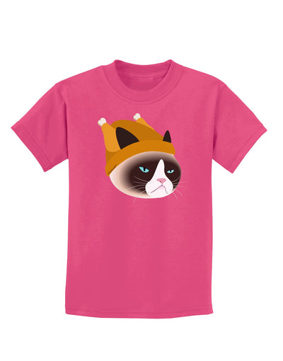 Disgruntled Cat Wearing Turkey Hat Childrens Dark T-Shirt-Childrens T-Shirt-TooLoud-Sangria-X-Small-Davson Sales