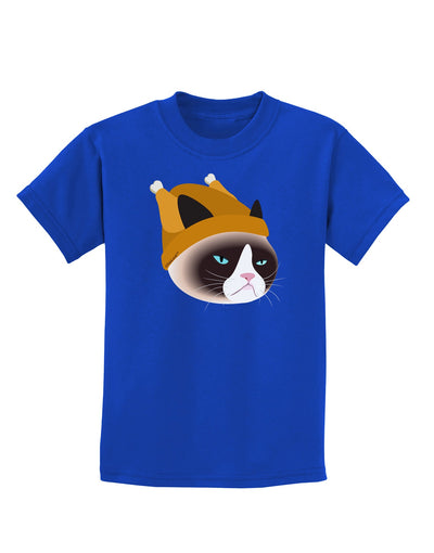 Disgruntled Cat Wearing Turkey Hat Childrens Dark T-Shirt-Childrens T-Shirt-TooLoud-Royal-Blue-X-Small-Davson Sales