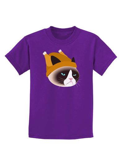 Disgruntled Cat Wearing Turkey Hat Childrens Dark T-Shirt-Childrens T-Shirt-TooLoud-Purple-X-Small-Davson Sales