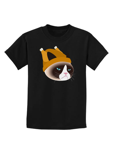 Disgruntled Cat Wearing Turkey Hat Childrens Dark T-Shirt-Childrens T-Shirt-TooLoud-Black-X-Small-Davson Sales