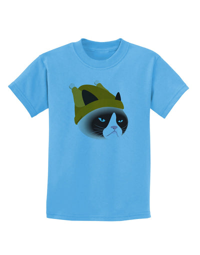 Disgruntled Cat Wearing Turkey Hat Childrens T-Shirt-Childrens T-Shirt-TooLoud-Aquatic-Blue-X-Small-Davson Sales