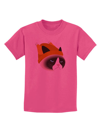 Disgruntled Cat Wearing Turkey Hat Childrens T-Shirt-Childrens T-Shirt-TooLoud-Sangria-X-Small-Davson Sales
