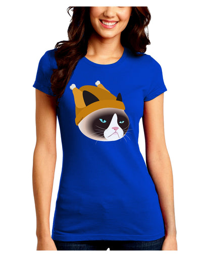 Disgruntled Cat Wearing Turkey Hat Juniors Crew Dark T-Shirt-T-Shirts Juniors Tops-TooLoud-Royal-Blue-Juniors Fitted Small-Davson Sales