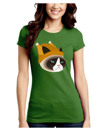 Disgruntled Cat Wearing Turkey Hat Juniors Crew Dark T-Shirt-T-Shirts Juniors Tops-TooLoud-Kiwi-Green-Juniors Fitted Small-Davson Sales