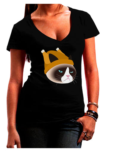 Disgruntled Cat Wearing Turkey Hat Juniors V-Neck Dark T-Shirt-Womens V-Neck T-Shirts-TooLoud-Black-Juniors Fitted Small-Davson Sales