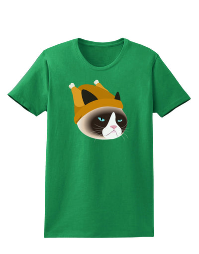 Disgruntled Cat Wearing Turkey Hat Womens Dark T-Shirt-TooLoud-Kelly-Green-X-Small-Davson Sales