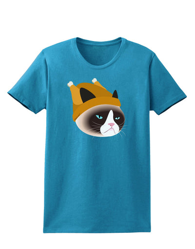 Disgruntled Cat Wearing Turkey Hat Womens Dark T-Shirt-TooLoud-Turquoise-X-Small-Davson Sales