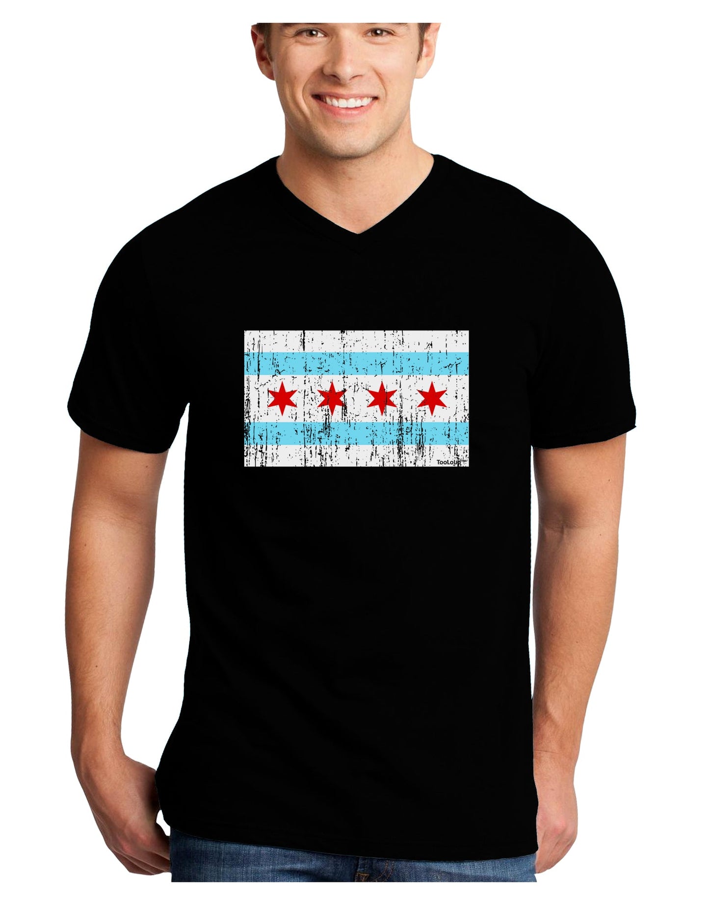 Distressed Chicago Flag Design Adult Dark V-Neck T-Shirt by TooLoud-Mens V-Neck T-Shirt-TooLoud-Black-Small-Davson Sales
