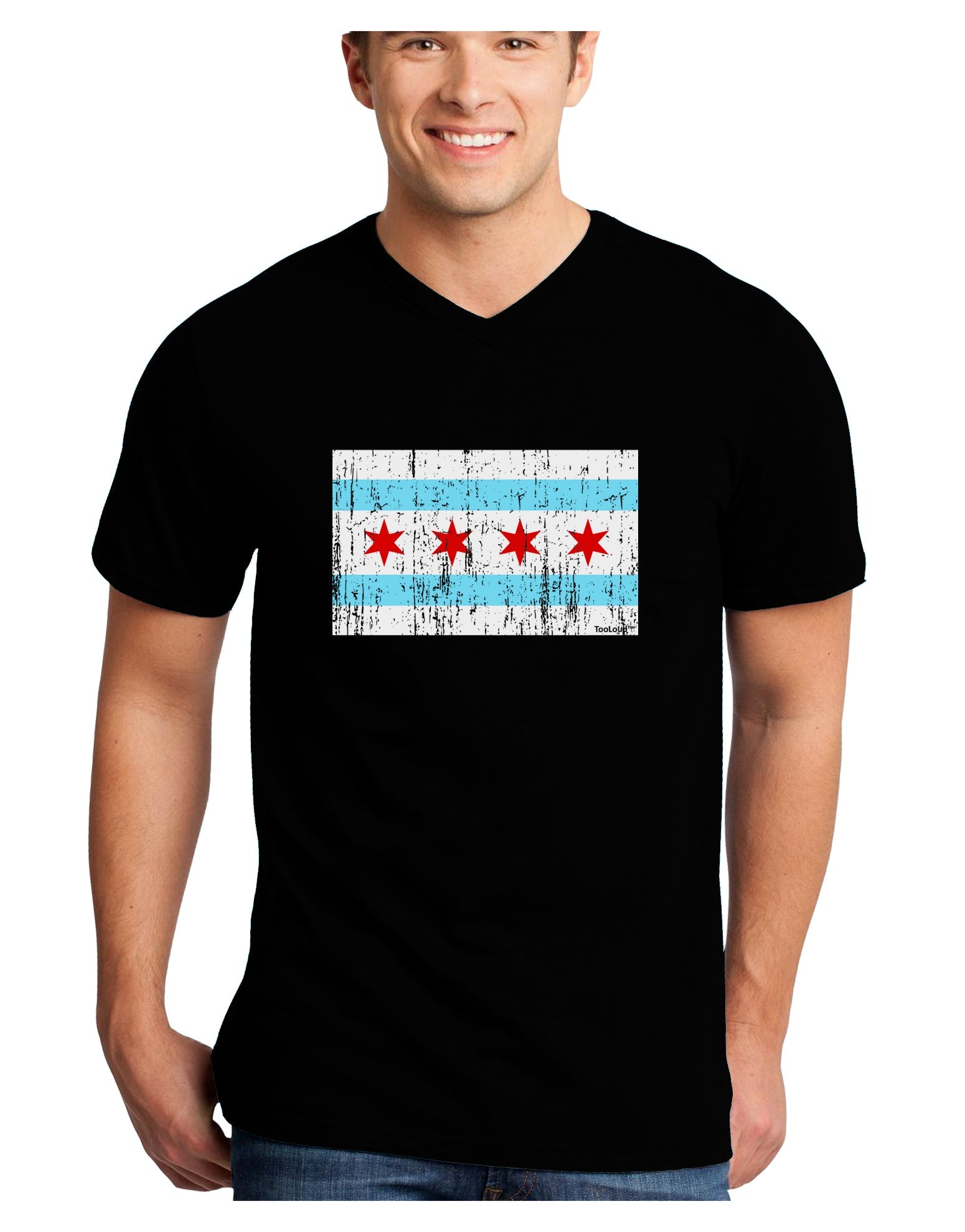 Distressed Chicago Flag Design Adult Dark V-Neck T-Shirt by TooLoud-Mens V-Neck T-Shirt-TooLoud-Black-Small-Davson Sales