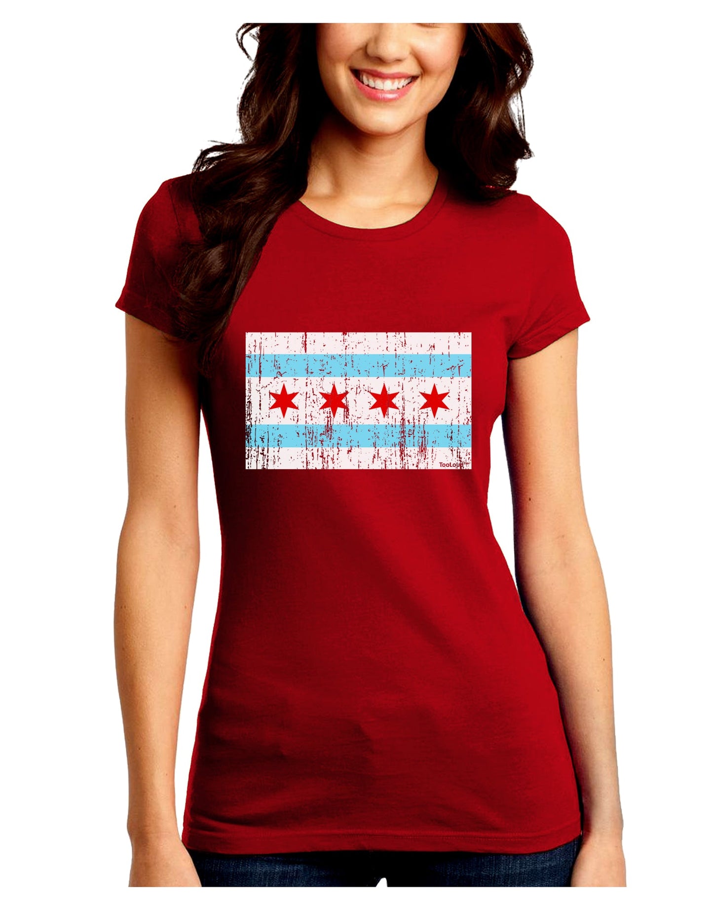 Distressed Chicago Flag Design Juniors Crew Dark T-Shirt by TooLoud-T-Shirts Juniors Tops-TooLoud-Red-Juniors Fitted Small-Davson Sales