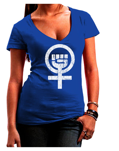 Distressed Feminism Symbol Juniors V-Neck Dark T-Shirt-Womens V-Neck T-Shirts-TooLoud-Royal-Blue-Juniors Fitted Small-Davson Sales