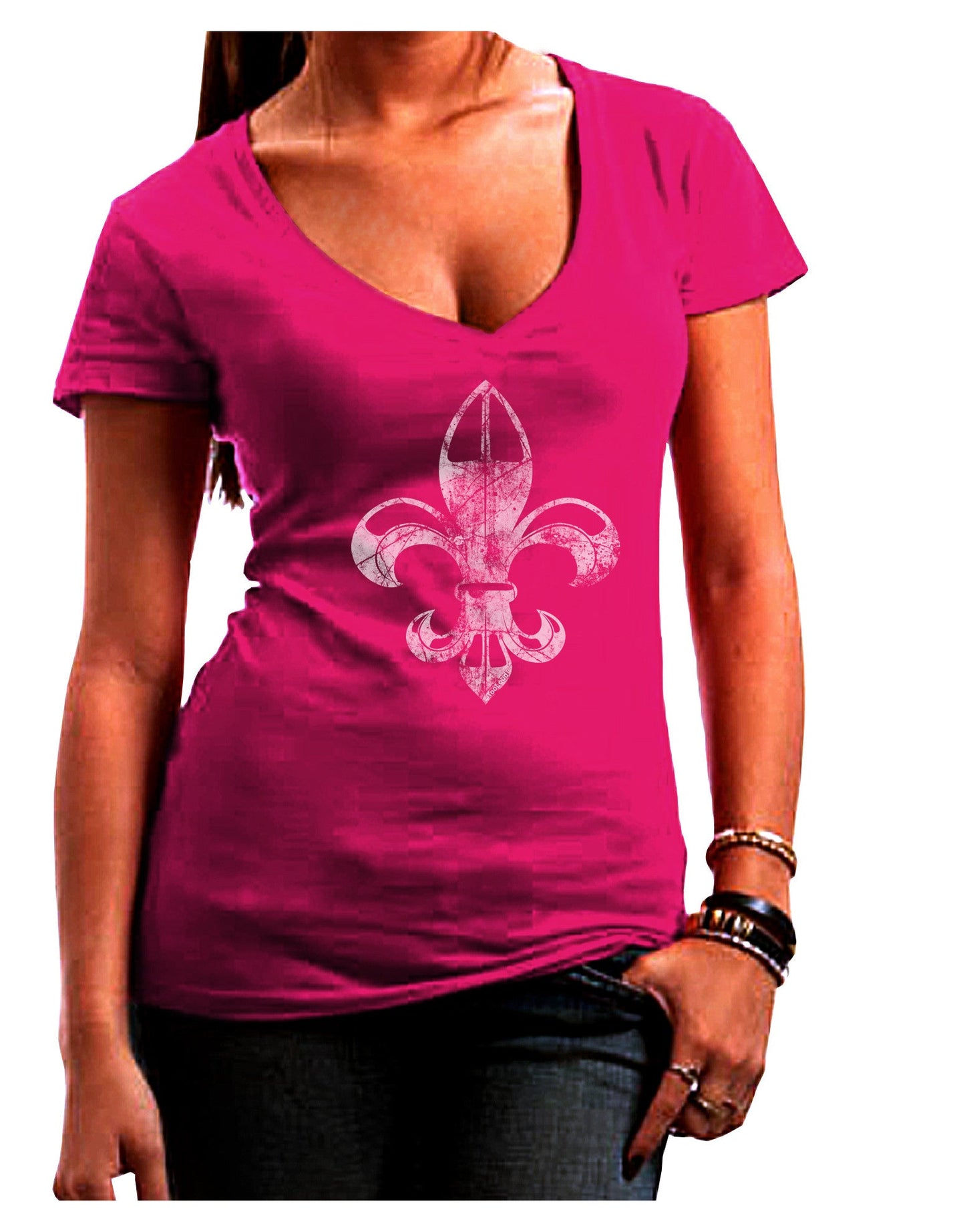 Distressed Fleur de Lis Womens V-Neck Dark T-Shirt-Womens V-Neck T-Shirts-TooLoud-Hot-Pink-Juniors Fitted Small-Davson Sales