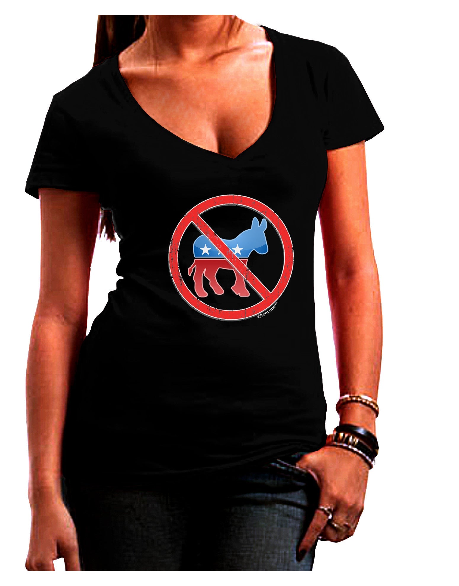 Distressed No Democrats Sign Womens V-Neck Dark T-Shirt-Womens V-Neck T-Shirts-TooLoud-Black-Juniors Fitted Small-Davson Sales