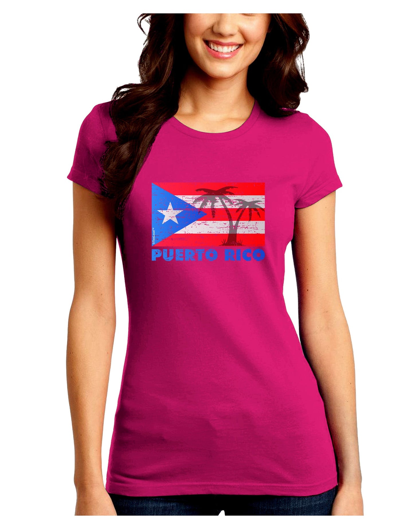Distressed Puerto Rico Flag Juniors Petite Crew Dark T-Shirt-T-Shirts Juniors Tops-TooLoud-Hot-Pink-Juniors Fitted Small-Davson Sales
