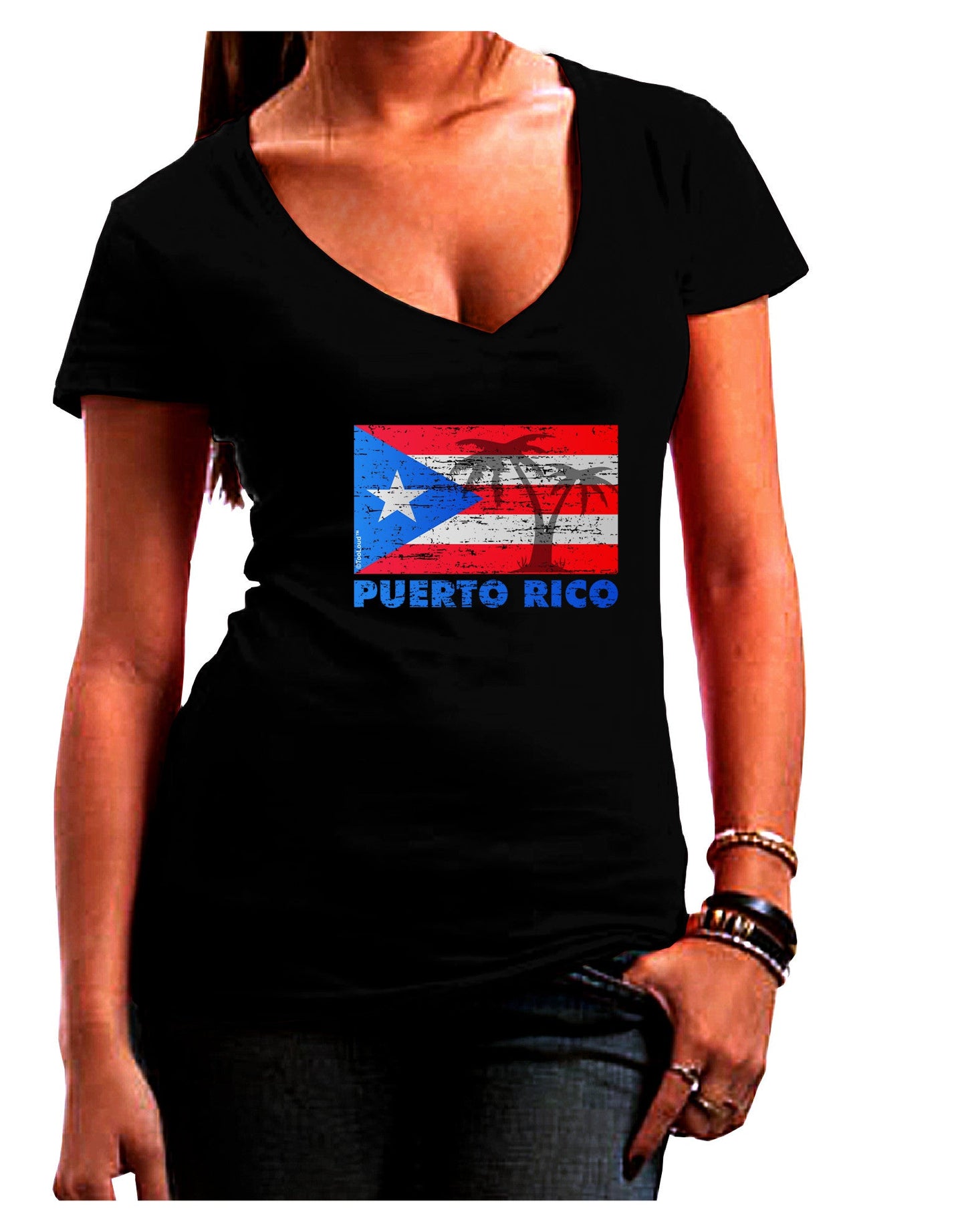 Distressed Puerto Rico Flag Womens V-Neck Dark T-Shirt-Womens V-Neck T-Shirts-TooLoud-Black-Juniors Fitted Small-Davson Sales