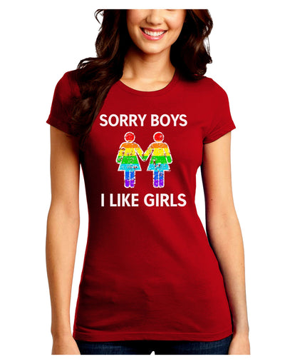 Distressed Sorry Boys I Like Girls Lesbian Rainbow Juniors Crew Dark T-Shirt-T-Shirts Juniors Tops-TooLoud-Red-Juniors Fitted Small-Davson Sales