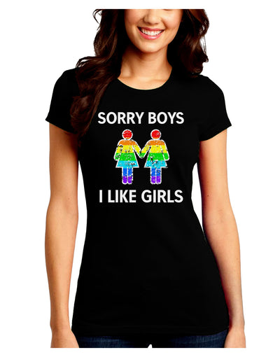 Distressed Sorry Boys I Like Girls Lesbian Rainbow Juniors Crew Dark T-Shirt-T-Shirts Juniors Tops-TooLoud-Black-Juniors Fitted Small-Davson Sales