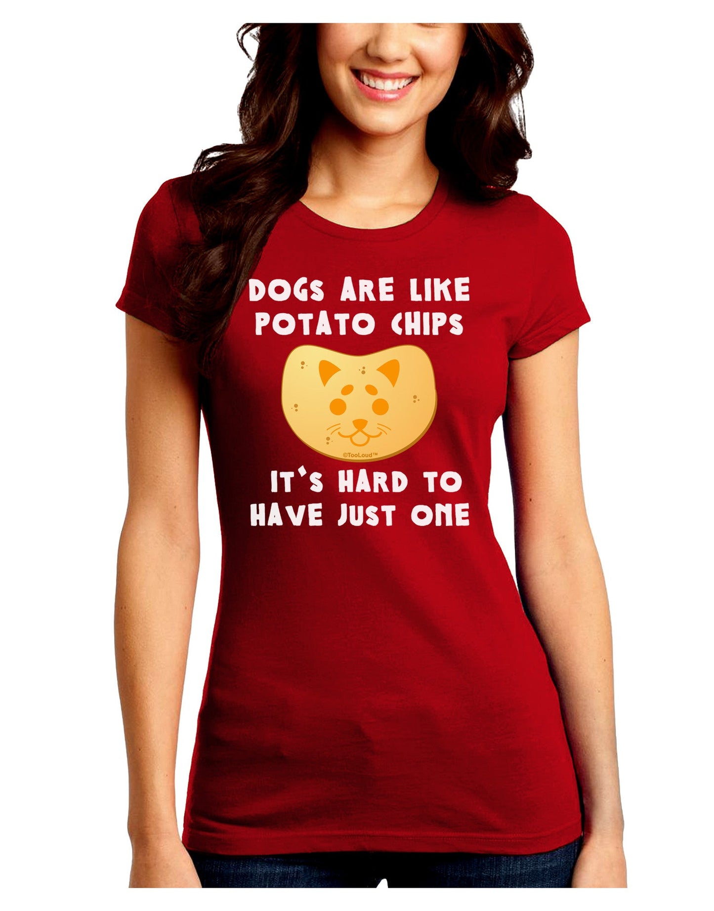 Dogs Are Like Potato Chips Juniors Petite Crew Dark T-Shirt-T-Shirts Juniors Tops-TooLoud-Red-Juniors Fitted Small-Davson Sales