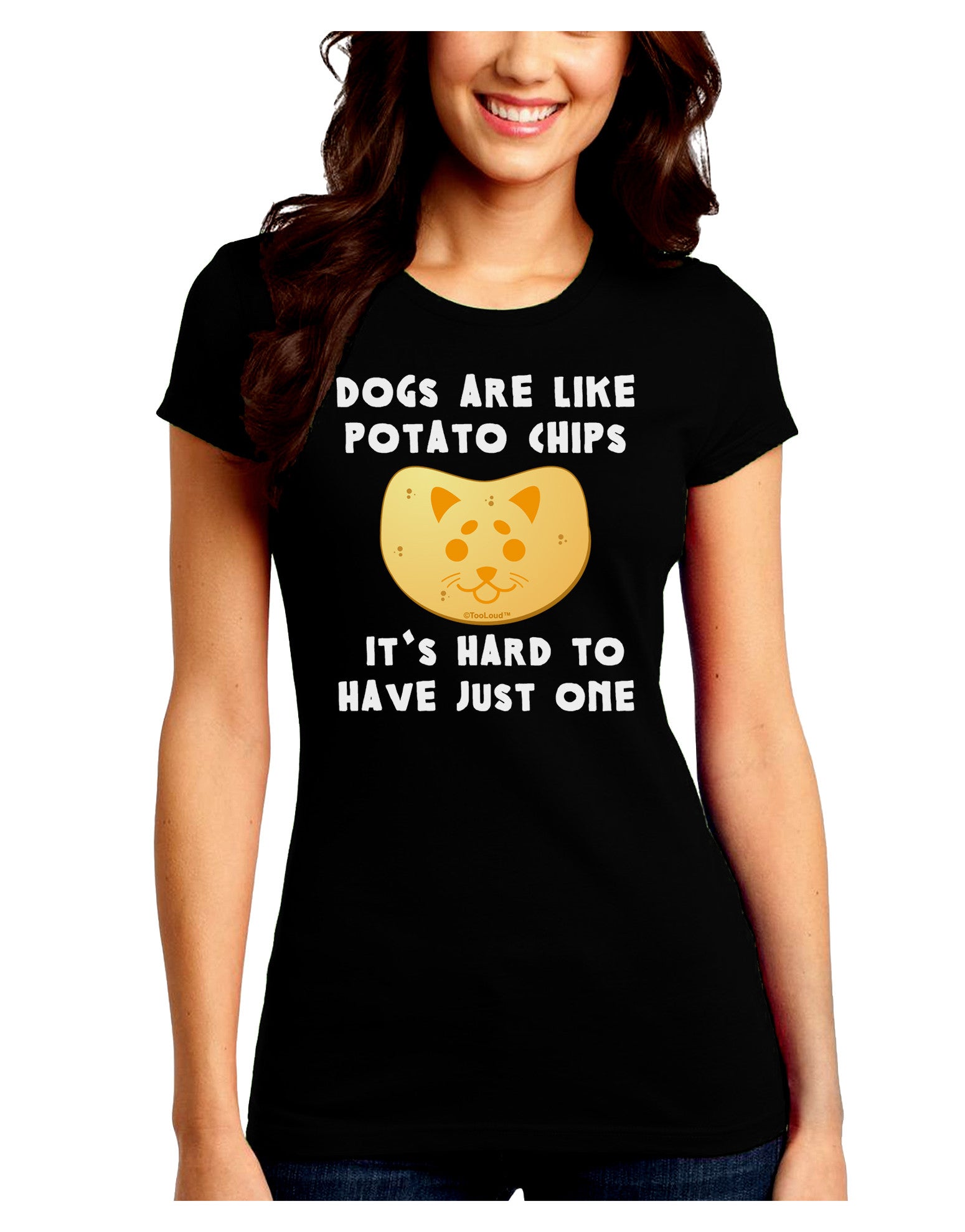 Dogs Are Like Potato Chips Juniors Petite Crew Dark T-Shirt-T-Shirts Juniors Tops-TooLoud-Black-Juniors Fitted Small-Davson Sales