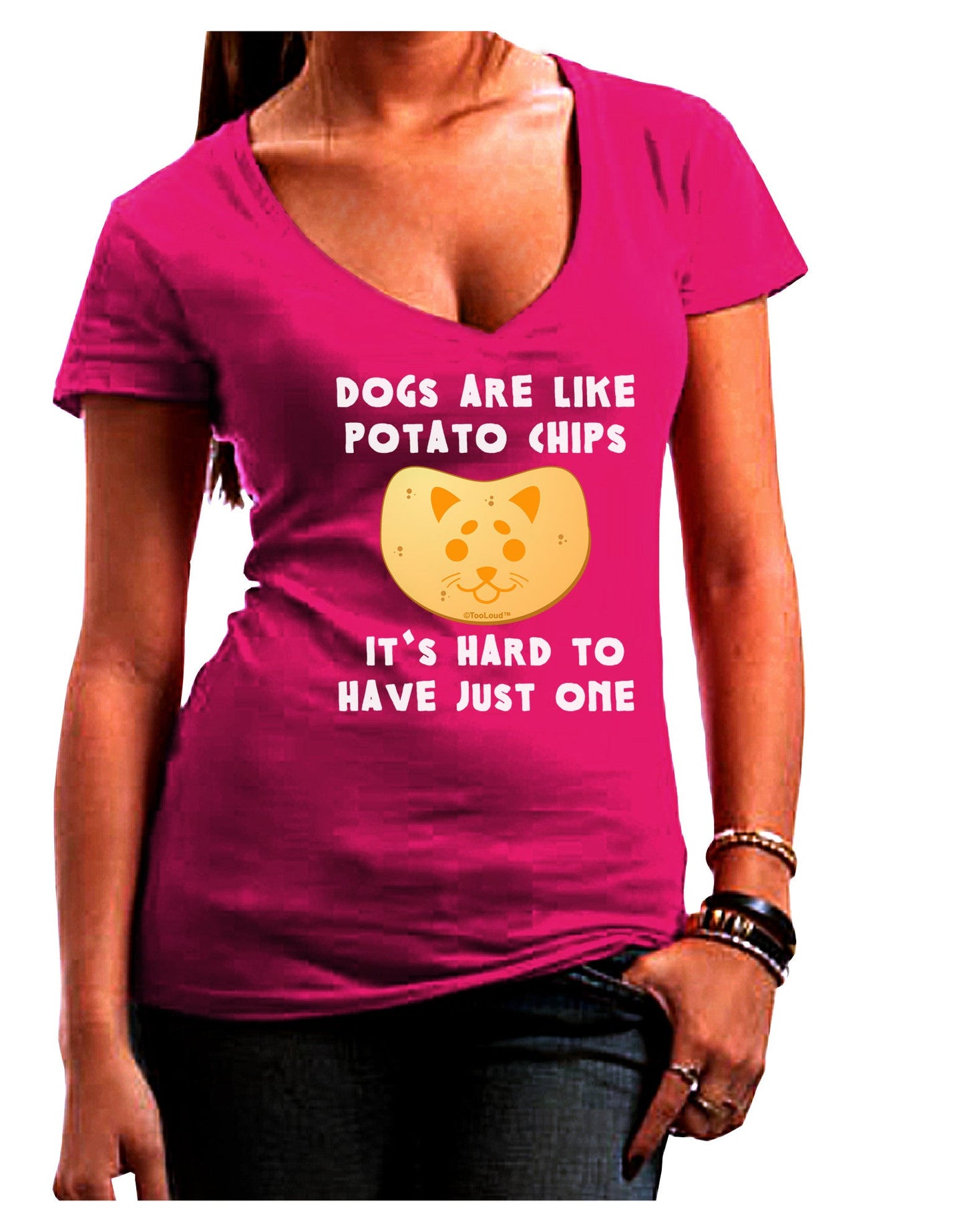 Dogs Are Like Potato Chips Womens V-Neck Dark T-Shirt-Womens V-Neck T-Shirts-TooLoud-Hot-Pink-Juniors Fitted Small-Davson Sales