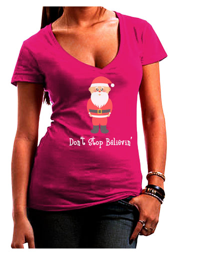 Don't Stop Believin' Santa Christmas Juniors V-Neck Dark T-Shirt-Womens V-Neck T-Shirts-TooLoud-Hot-Pink-Juniors Fitted Small-Davson Sales