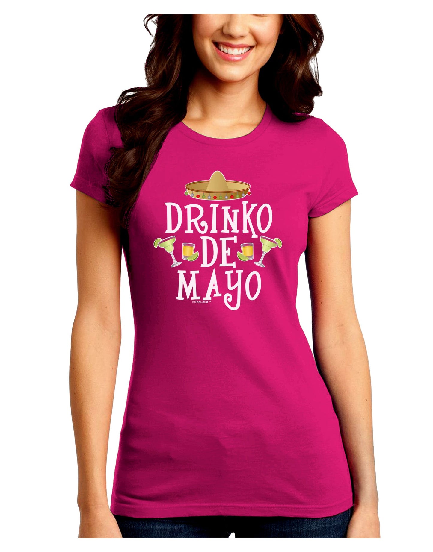 Drinko De Mayo Juniors Petite Crew Dark T-Shirt-T-Shirts Juniors Tops-TooLoud-Hot-Pink-Juniors Fitted Small-Davson Sales