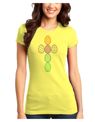 Easter Egg Cross Faux Applique Juniors Petite T-Shirt-T-Shirts Juniors Tops-TooLoud-Yellow-Juniors Fitted X-Small-Davson Sales