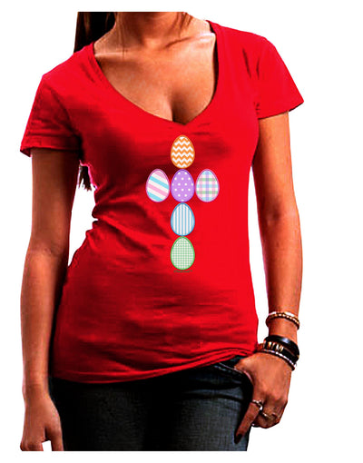 Easter Egg Cross Faux Applique Womens V-Neck Dark T-Shirt-Womens V-Neck T-Shirts-TooLoud-Red-Juniors Fitted Small-Davson Sales